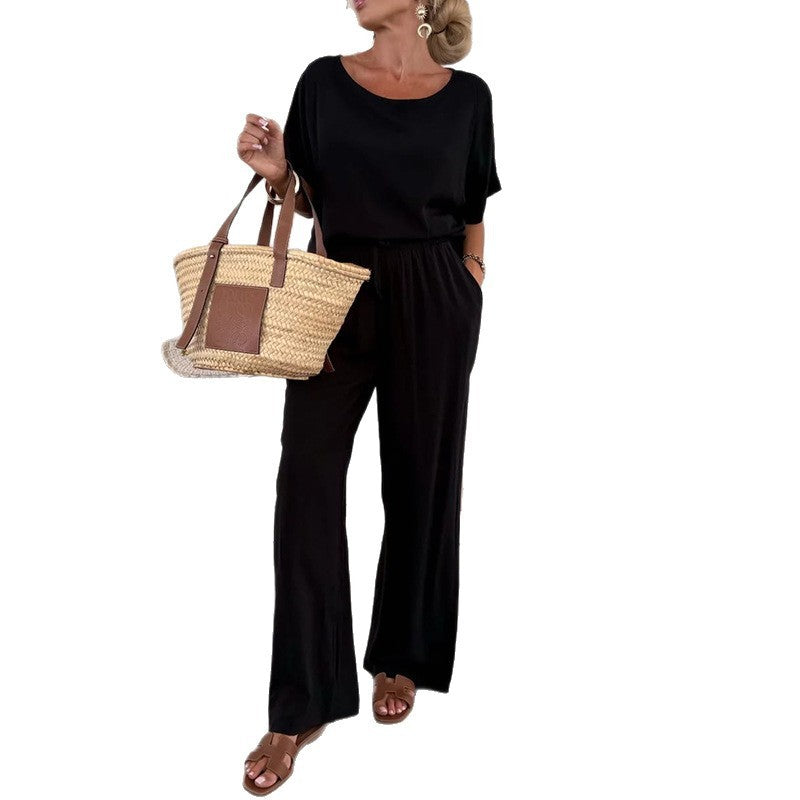 Fashion Suit Solid Color Round Neck Short Sleeves Tied Pants
