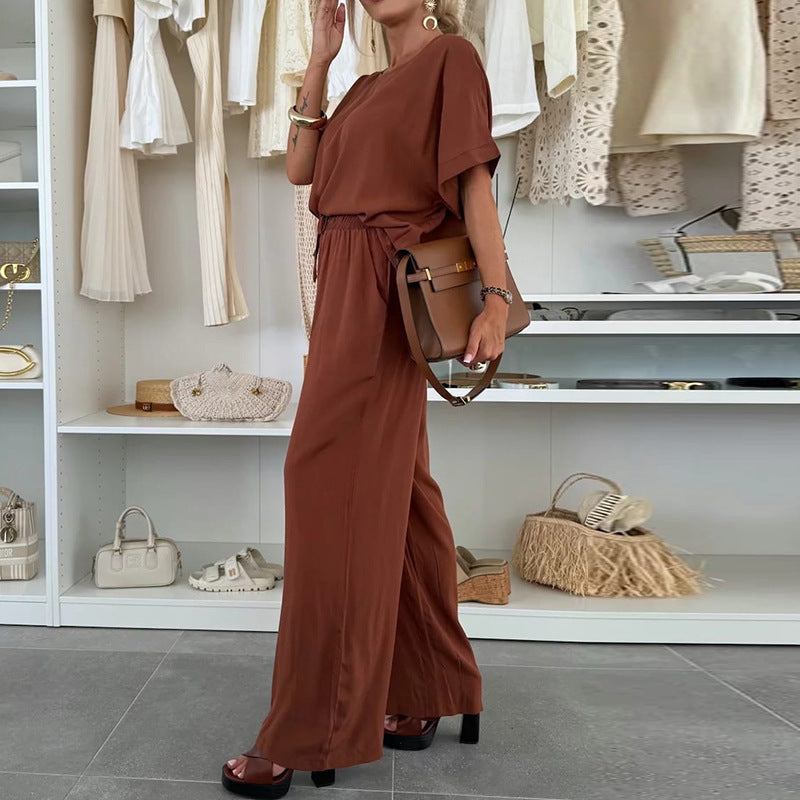 Fashion Suit Solid Color Round Neck Short Sleeves Tied Pants
