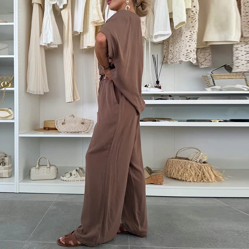 Fashion Suit Solid Color Round Neck Short Sleeves Tied Pants