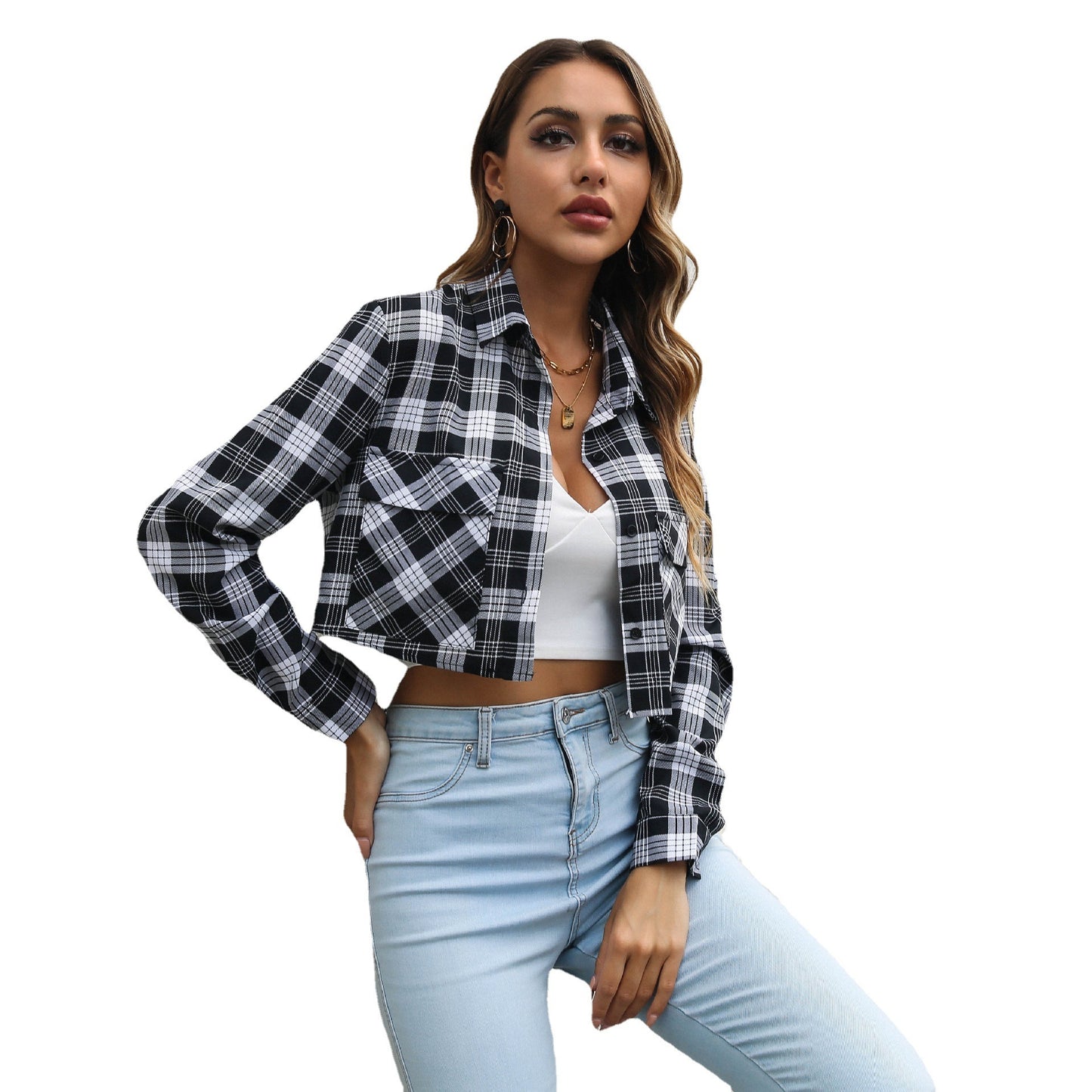 Plaid Zebra Print Pocket Long Sleeve Shirt Cropped Top Cardigan Thin Outerwear