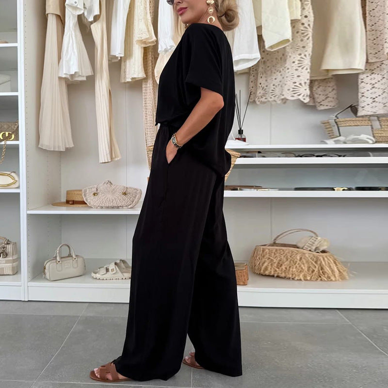 Fashion Suit Solid Color Round Neck Short Sleeves Tied Pants