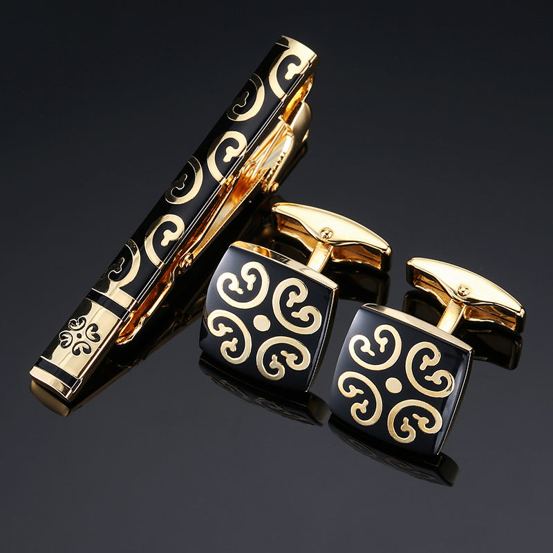 مجموعة مشبك ربطة عنق وأساور من الذهب والفضة بنقشة مينا كريستالية سوداء وردية