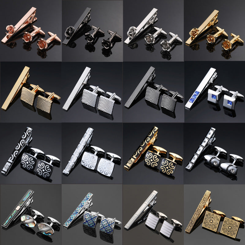 مجموعة مشبك ربطة عنق وأساور من الذهب والفضة بنقشة مينا كريستالية سوداء وردية