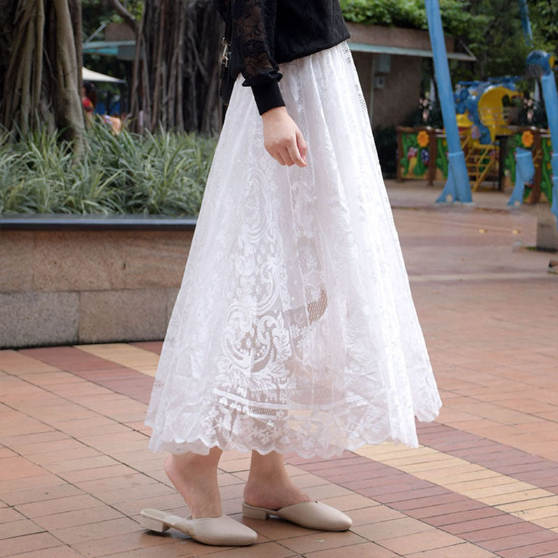 Korean Style High Waist Slimming Hollow-out Crocheted Lace Skirt