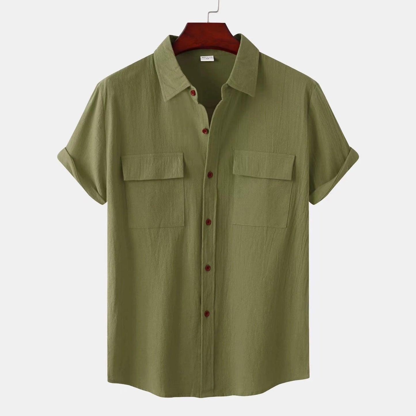 Solid Color Patchwork Linen Cardigan Short Sleeve Loose Lapels Men's Shirt