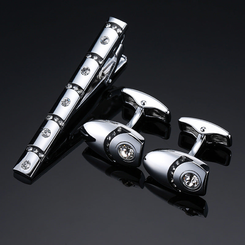 مجموعة مشبك ربطة عنق وأساور من الذهب والفضة بنقشة مينا كريستالية سوداء وردية