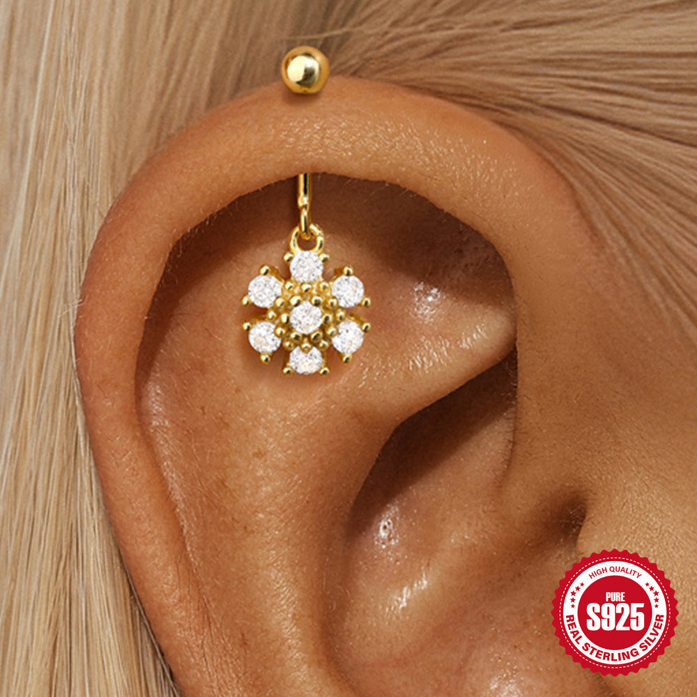 S925 Sterling Silver Snowflake Horse Eye Diamond Ball Flat Back Vertical