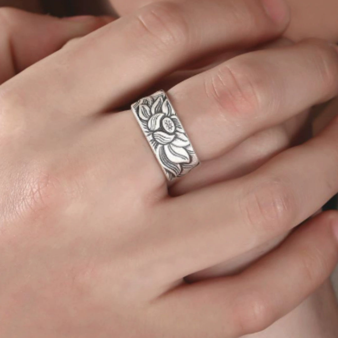 خاتم لوتس هانيا شينغيو من الفضة الإسترلينية عيار 999 على الطراز العتيق