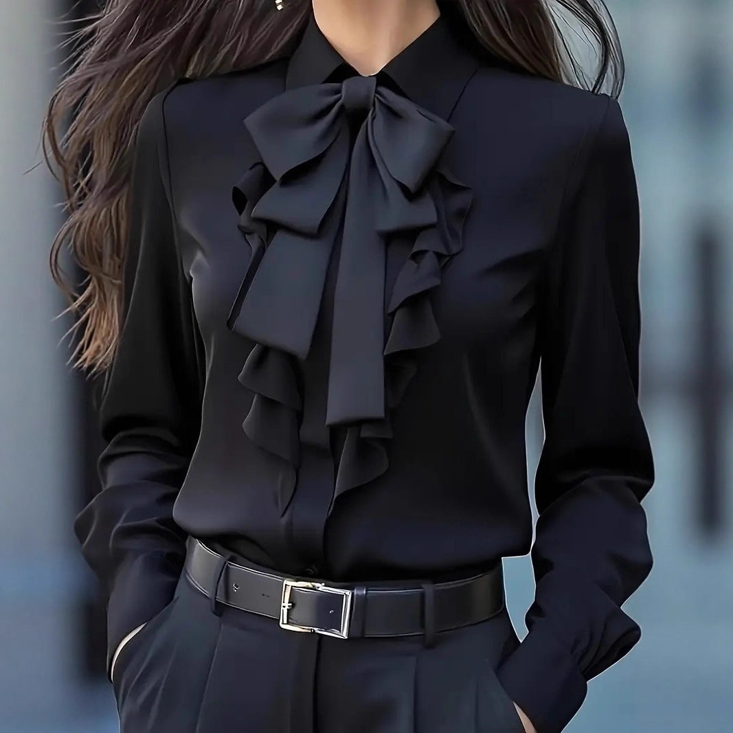 Pure Color Tied Bow Ruffled Design Shirt For Women
