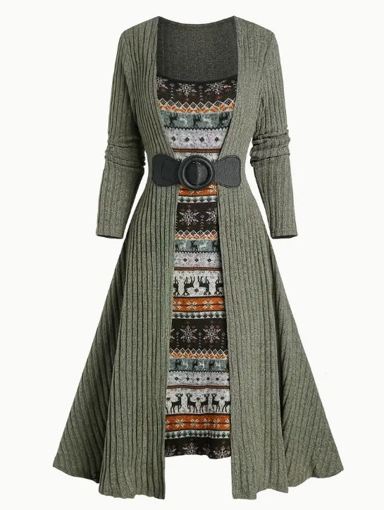 Commuter Long Sleeve Stitching Sunken Stripe Dress