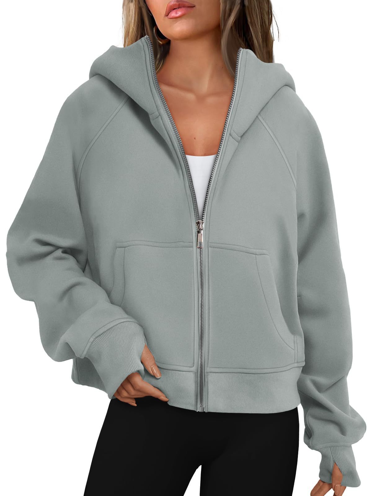 Loose Zip Long Hooded Thumb Hole Brushed Hoody