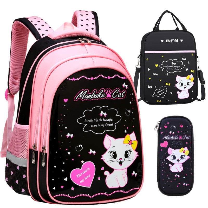 Pink and black backpack with cartoon cat design, including a lunch bag and pencil case.