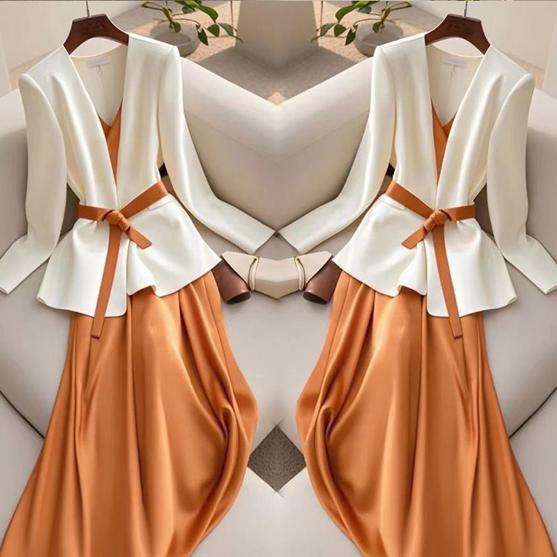 Two-piece Suit For Formal Occasions Elegant White Orange Suspender Skirt