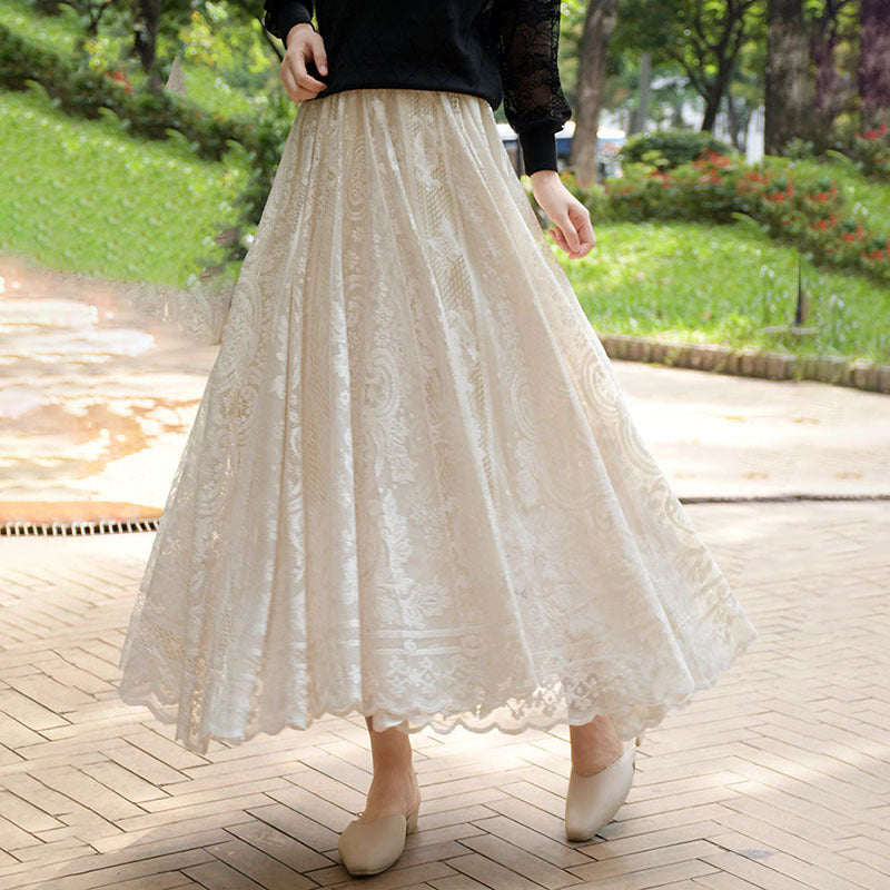 Korean Style High Waist Slimming Hollow-out Crocheted Lace Skirt