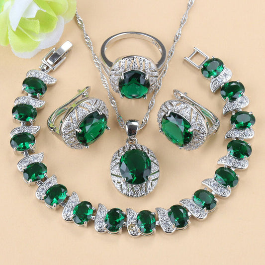 Gem-inlaid Pendant Earrings Necklace And Four-piece Ring Set Pack