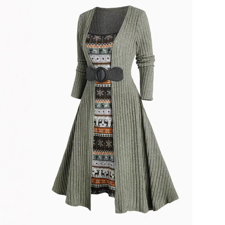 Commuter Long Sleeve Stitching Sunken Stripe Dress