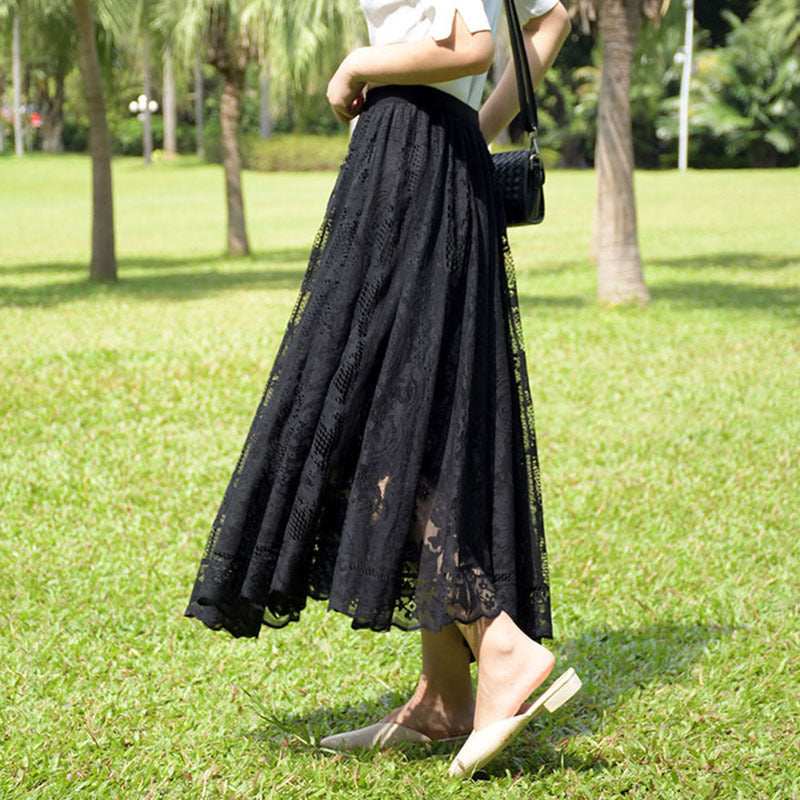 Korean Style High Waist Slimming Hollow-out Crocheted Lace Skirt