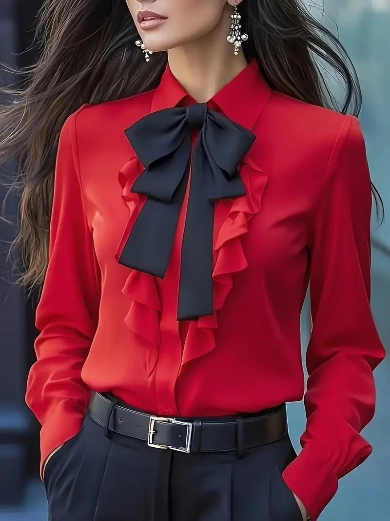 Pure Color Tied Bow Ruffled Design Shirt For Women