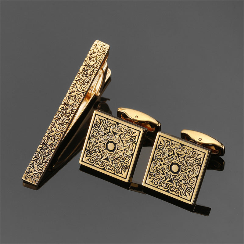 مجموعة مشبك ربطة عنق وأساور من الذهب والفضة بنقشة مينا كريستالية سوداء وردية