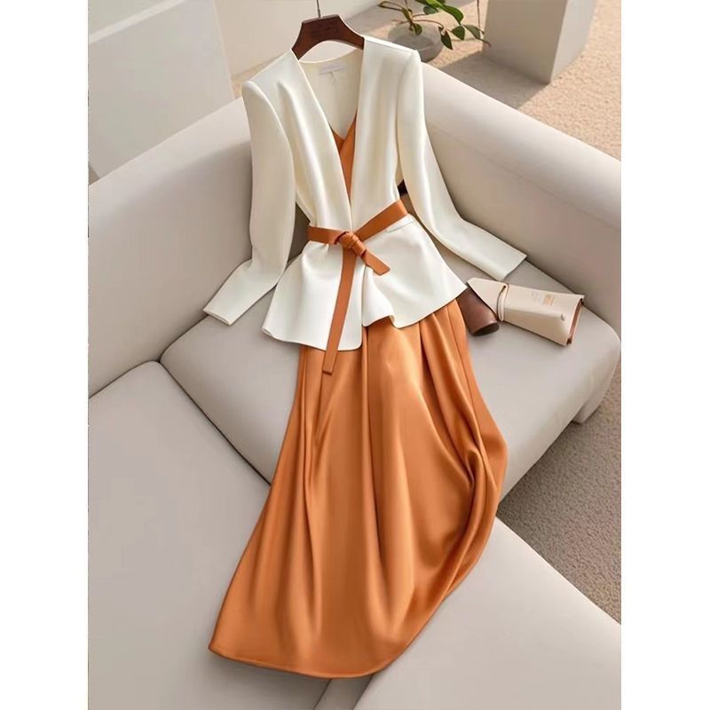 Two-piece Suit For Formal Occasions Elegant White Orange Suspender Skirt
