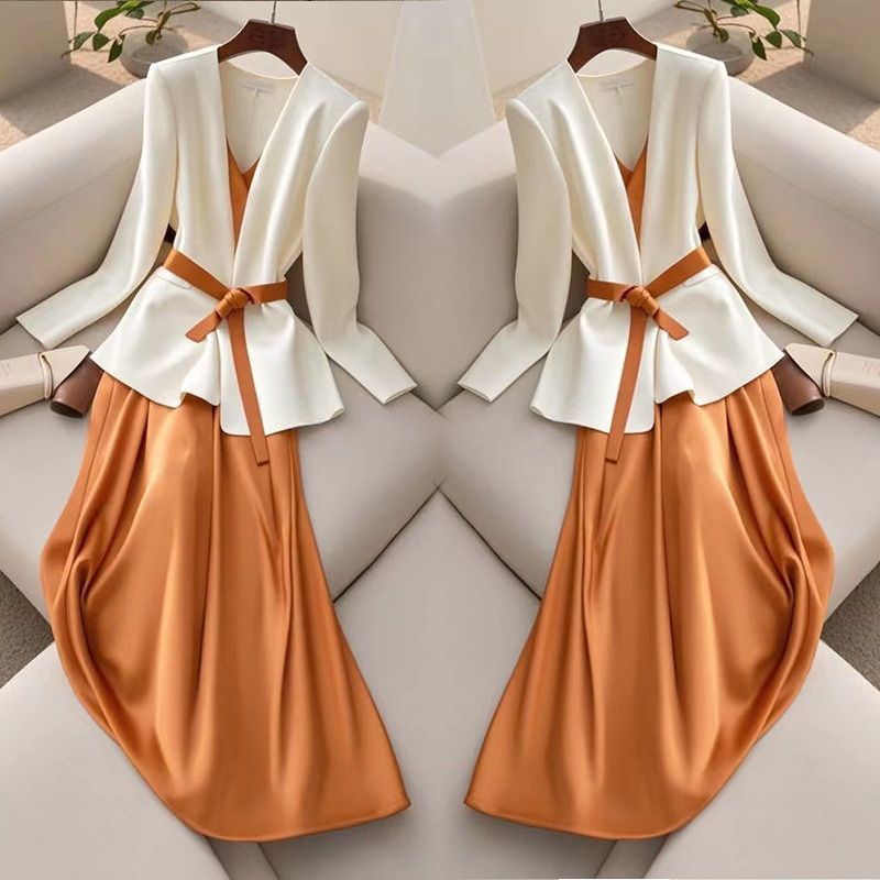 Two-piece Suit For Formal Occasions Elegant White Orange Suspender Skirt