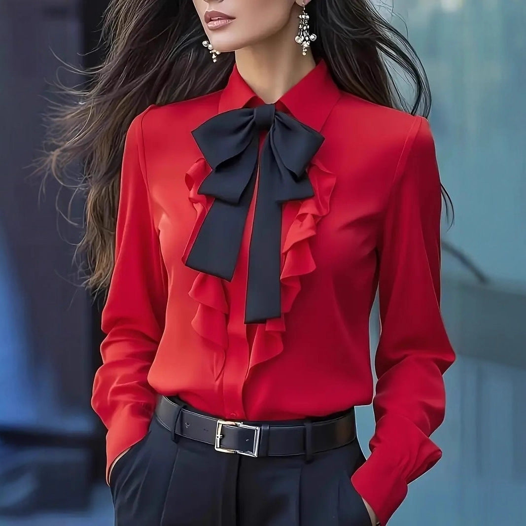 Pure Color Tied Bow Ruffled Design Shirt For Women