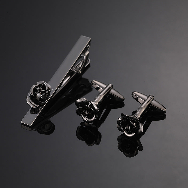 مجموعة مشبك ربطة عنق وأساور من الذهب والفضة بنقشة مينا كريستالية سوداء وردية