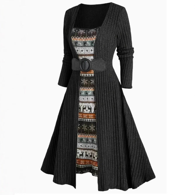 Commuter Long Sleeve Stitching Sunken Stripe Dress