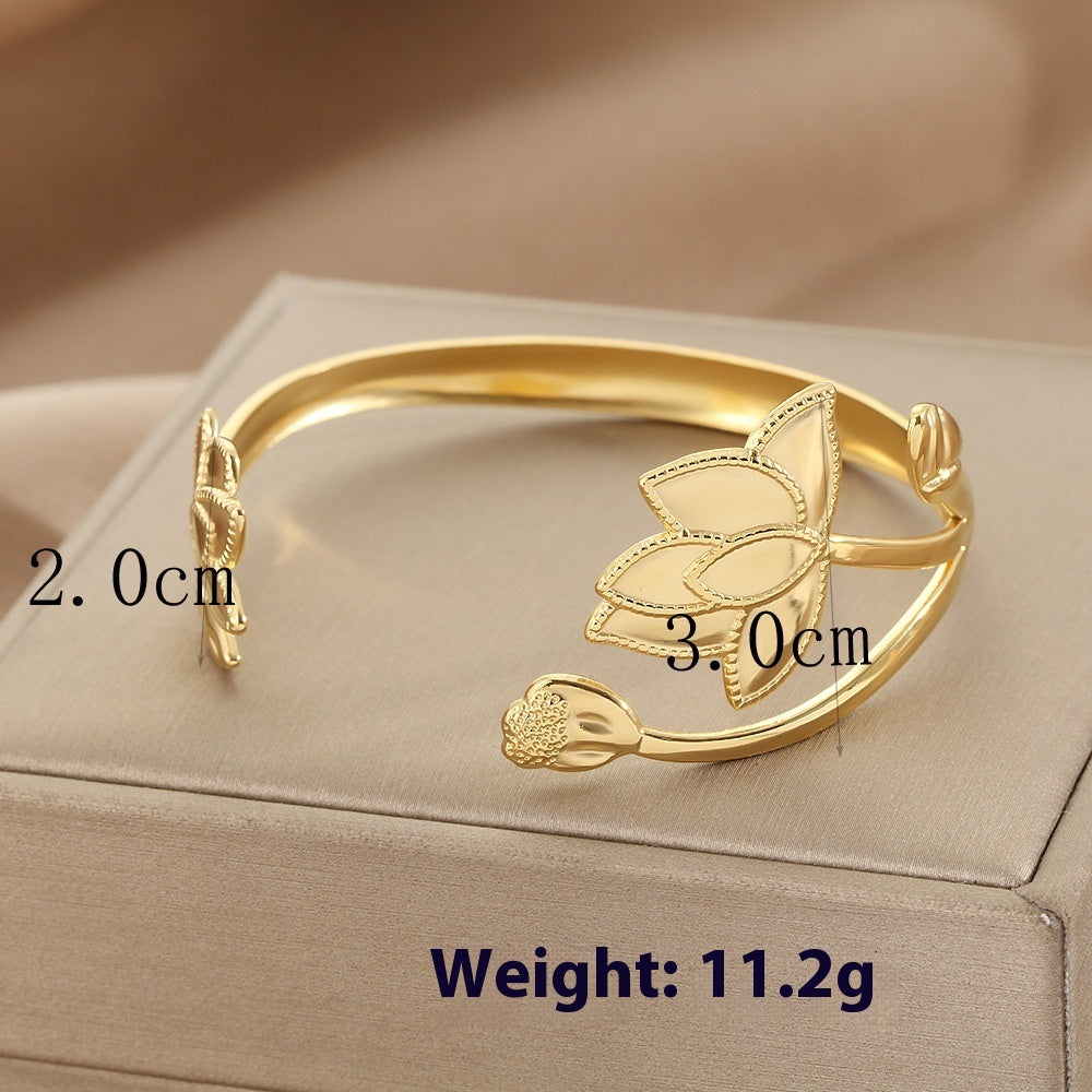 Stainless Steel Bracelet Lotus Shape Ring Large Glossy Stripes