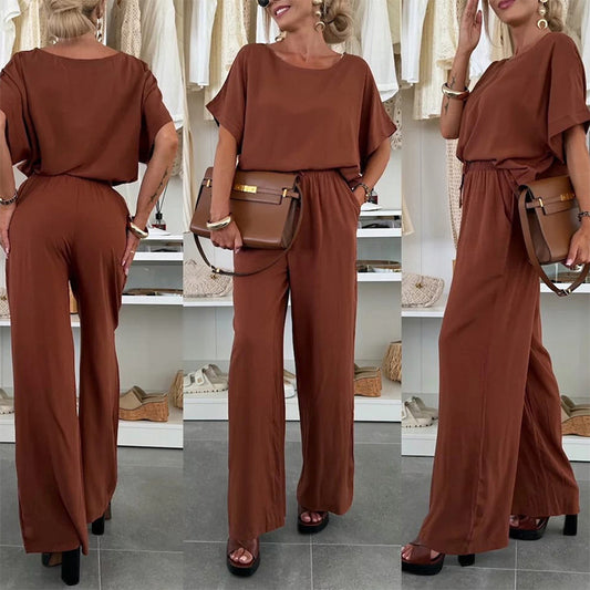 Fashion Suit Solid Color Round Neck Short Sleeves Tied Pants
