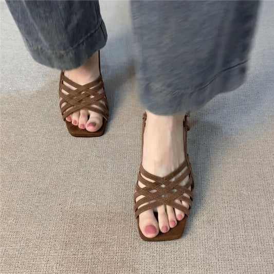 Retro Soft Leather Thin Cross Straps High Heel Sandals