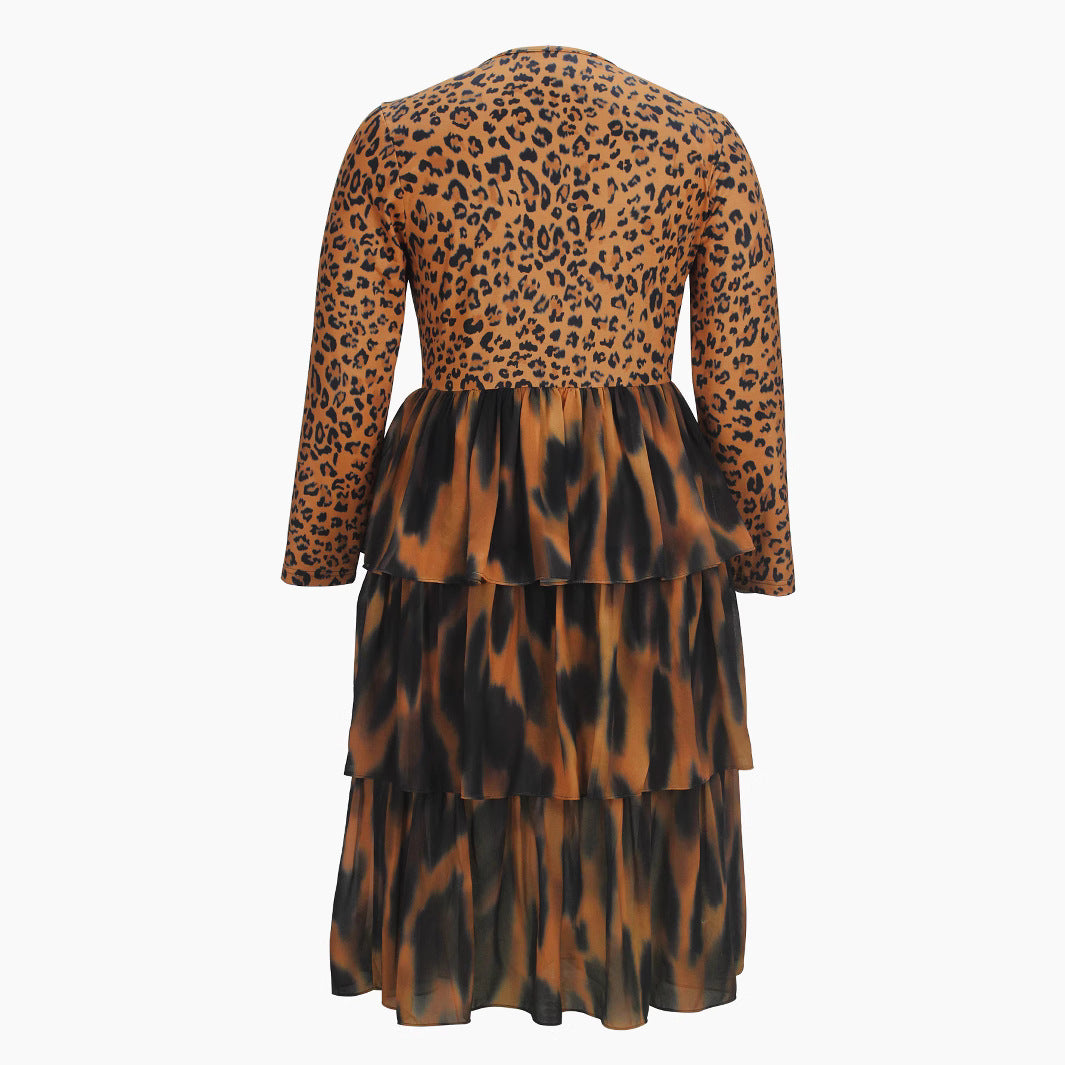 Elegant Leopard Print Cake Dress Plus Size Long Sleeve