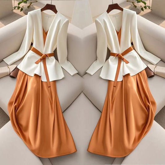 Two-piece Suit For Formal Occasions Elegant White Orange Suspender Skirt