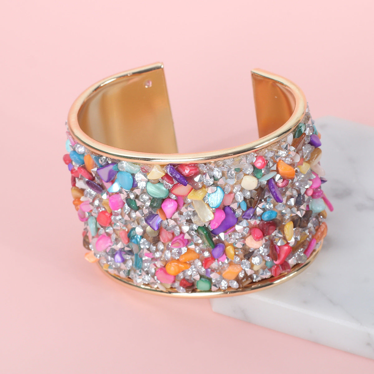 Fashion Wide Women's Retro Color Gravel C- Shaped Opening Bracelet