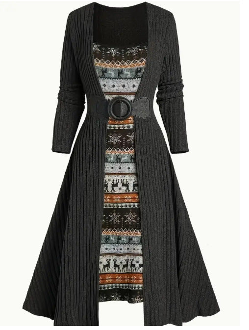 Commuter Long Sleeve Stitching Sunken Stripe Dress