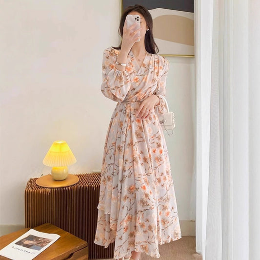 Temperament Long Sleeve V-neck French Chiffon Floral Dress