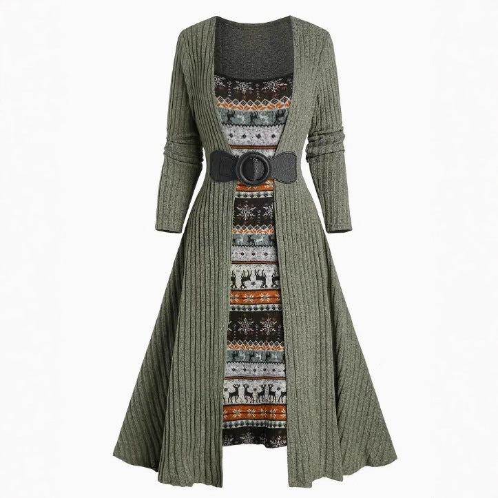 Commuter Long Sleeve Stitching Sunken Stripe Dress