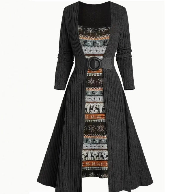 Commuter Long Sleeve Stitching Sunken Stripe Dress