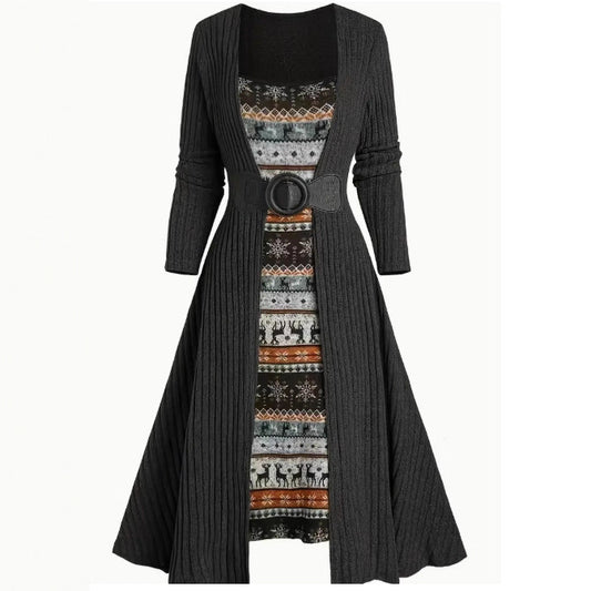 Commuter Long Sleeve Stitching Sunken Stripe Dress
