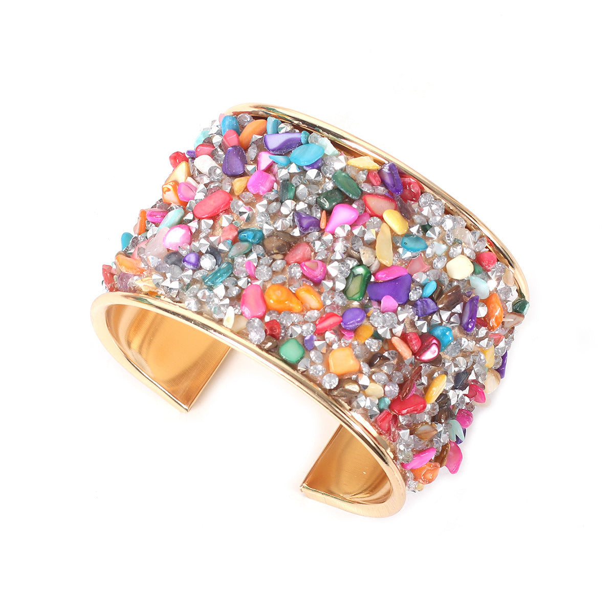 Fashion Wide Women's Retro Color Gravel C- Shaped Opening Bracelet