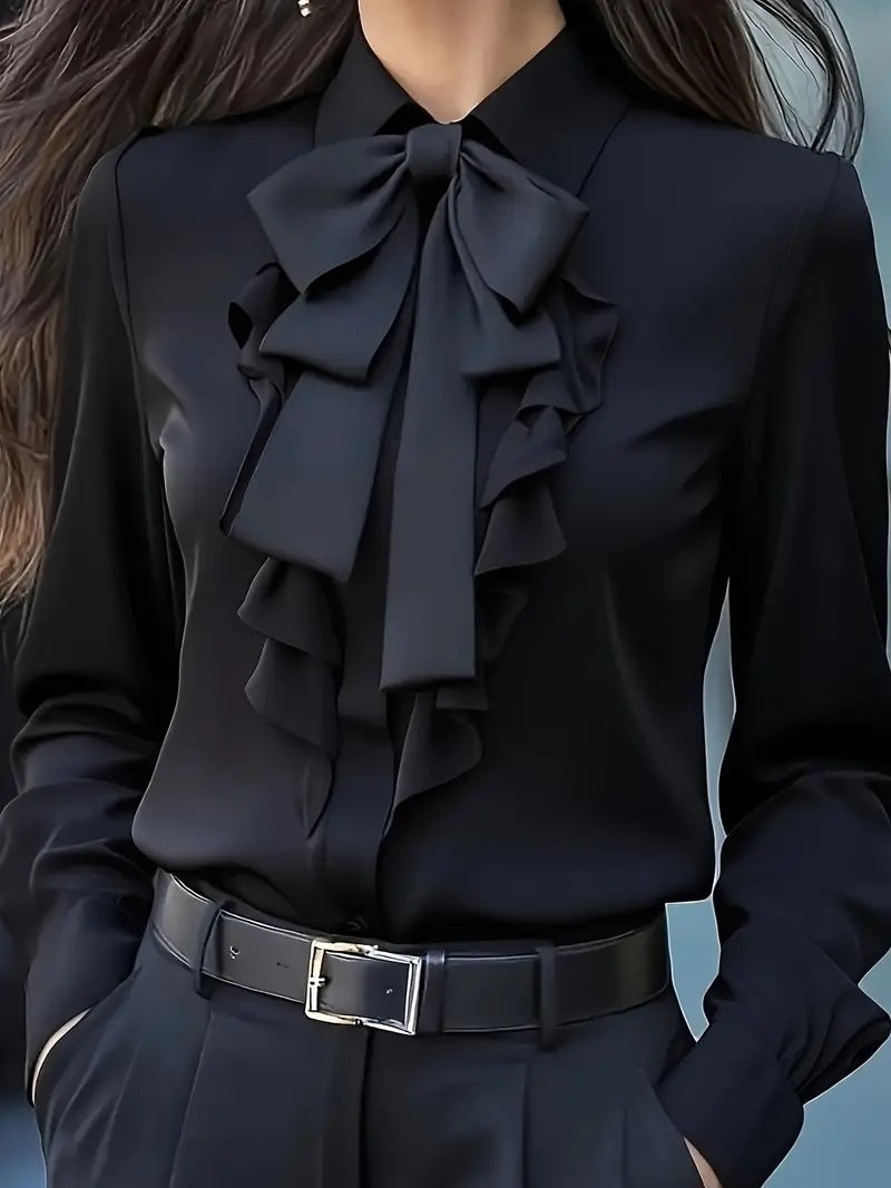 Pure Color Tied Bow Ruffled Design Shirt For Women